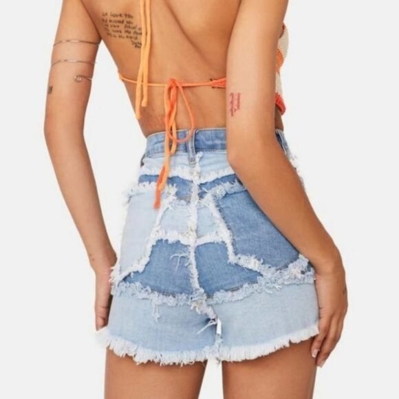 🆕️🆑 American Bazi Soul Happy Patchwork Denim Shorts High Waisted Frayed Hems S - Picture 3 of 5